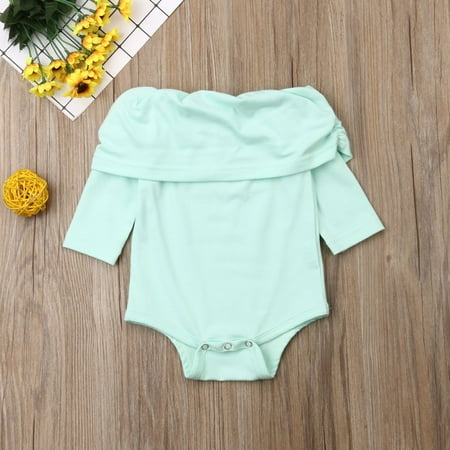 

Toddler Baby Girls Ruffle Solid Off Shoulder Bodysuit Long Sleeve Flounce Stretchy Jumpsuit Romper Pajamas 0-24M