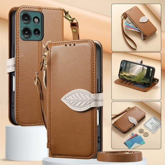 ELEHOLD Wallet Case for Motorola Edge (2025), Shockproof Flip PU Leather Zipper Cash Slot Credit Card Slot Anti-Scratch Shock-Absorbent Case Cover With Crossbody Wrist Strap,Brown