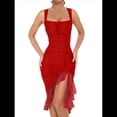 thumbnail image 1 of Vestido Midi Ajustado Fruncido para Mujer, Escote Cuadrado, Sin Mangas, Bajo con Volantes, Vestido de Fiesta para Discoteca, Rojo, Talla L, 1 of 8