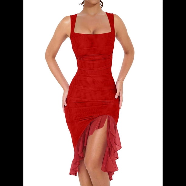 Vestido Midi Ajustado Fruncido para Mujer, Escote Cuadrado, Sin Mangas, Bajo con Volantes, Vestido de Fiesta para Discoteca, Rojo M
