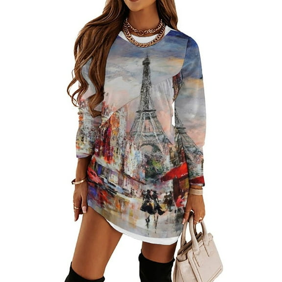 Romantic Paris Eiffel Tower Loose Dress Evening Dress Summer Dresses for Women Luxury Dress Long Sleeved Dress