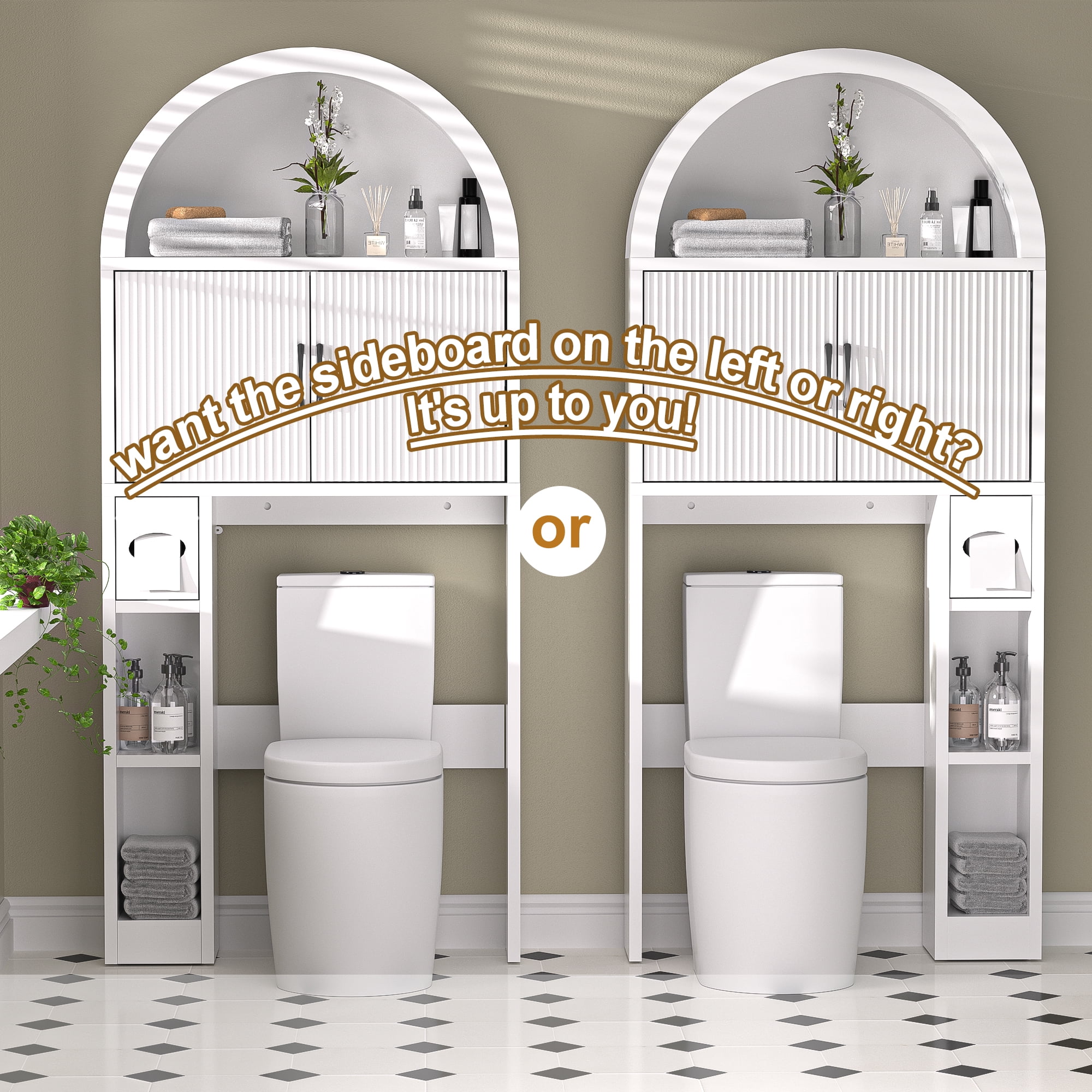 HARIPUL Over The Toilet Storage Cabinet w/ Unique Wood Grain & Arc Design, Freestanding Bathroom Shelf Organizer Space Saver w/ Doors & Anti-Tip Device, White