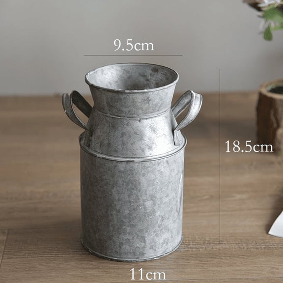 Rustic Galvanized Tin Floral Pot with Handles, Vintage Flower Bucket, Milk Can Iron Plant Container for Artificial Flower Arrangement and Home Decor