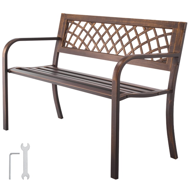 KFFKFF Outdoor Bench, 46 inch, Carbon Steel Metal Frame with PVC Mesh Pattern Backrest and Round Edge Armrests, Weatherproof Outside Bench, Antique Bronze