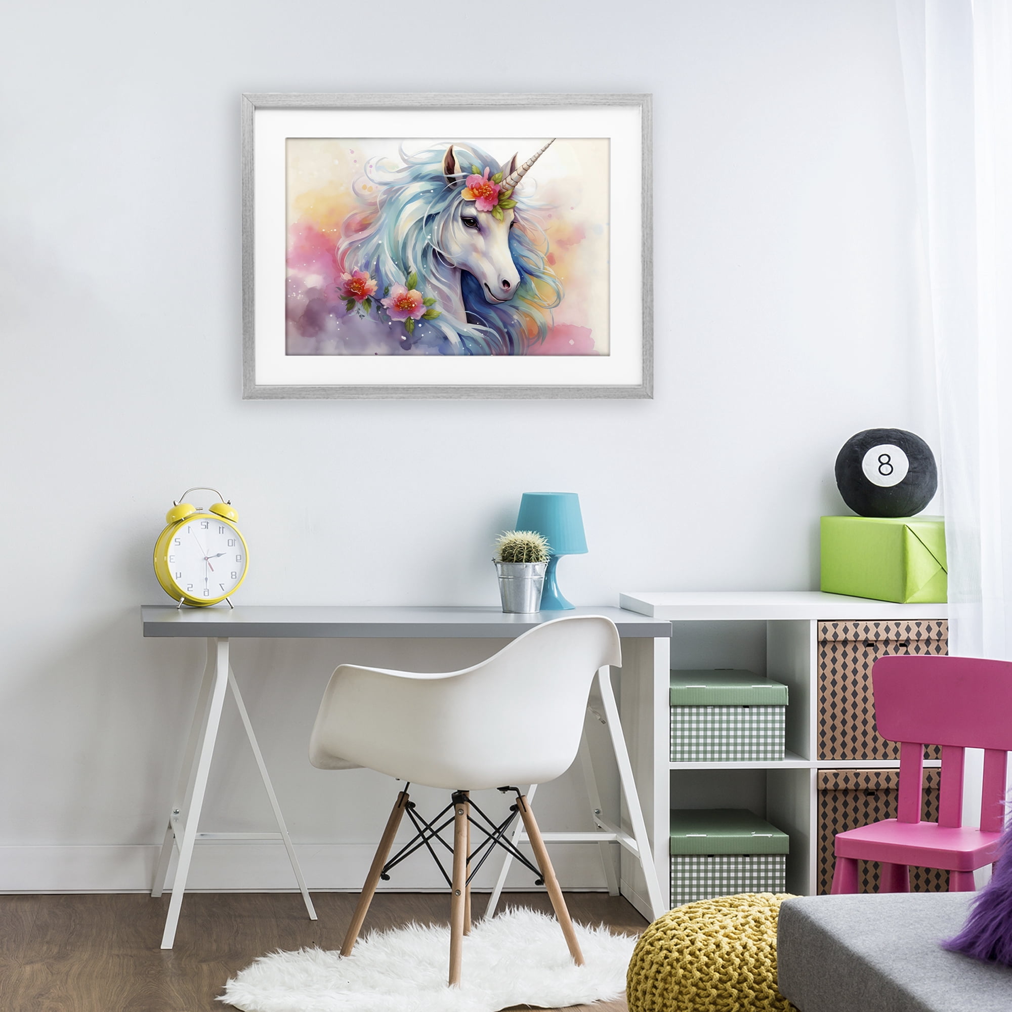 Stupell Industries Magical Unicorn with Blossoms Gray Framed Print Under Glass, design by Creative Studio