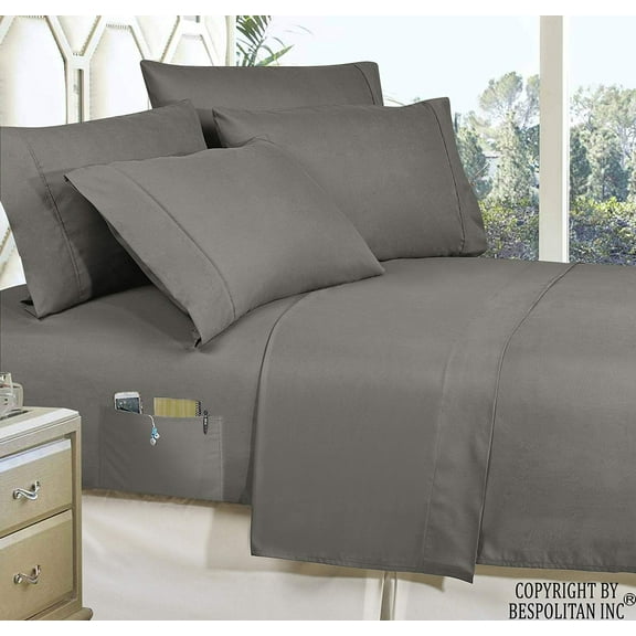 Elegant Comfort 4-Piece FULL- Smart Sheet Set! Soft 1800 Series Wrinkle and Fade Resistant with Side Storage Pockets on Fitted Sheet, Full, Grey