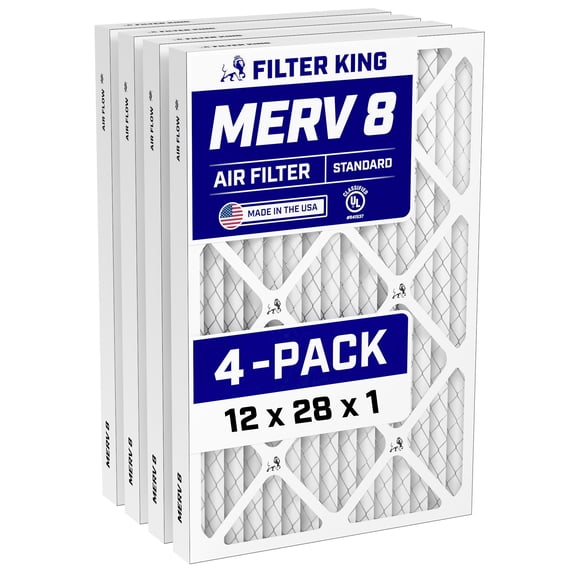 Filter King 12x28x1 Air Filter (MERV 8) (4-Pack) Dust & Allergy Control AC Furnace Filters, MADE IN USA, HVAC, Pleated, Electrostatic (Actual Size: 12 x 28 x .75)