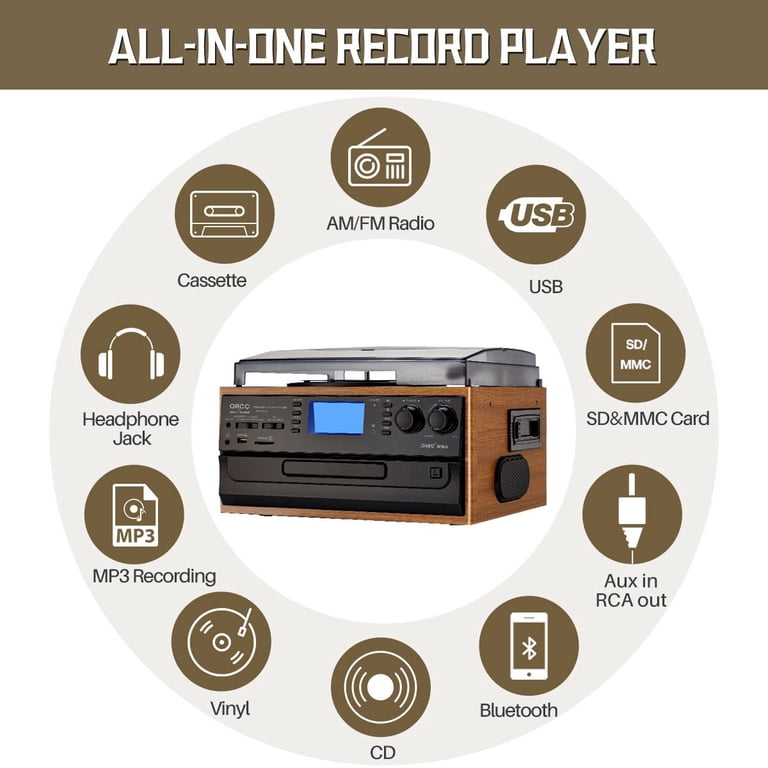 10-in-1 Vintage Bluetooth Stereo Record Player with Remote Control