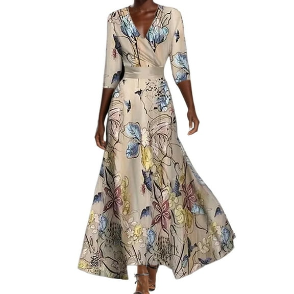 Levmjia Dresses For Women Summer Elegant V Neck Print Split Ankle Length Trendy Casual Long Maxi Dress Party Vacation Outfit