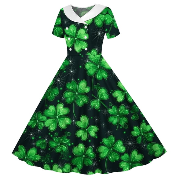 Girls Fancy Dress Short Sleeves Crew Neck A-Line Dress St Patricks Day Retro Vintage Green Swing Dress Four Leaf Clover Pattern Costume Dancing Dress Army Green 13-14 Years