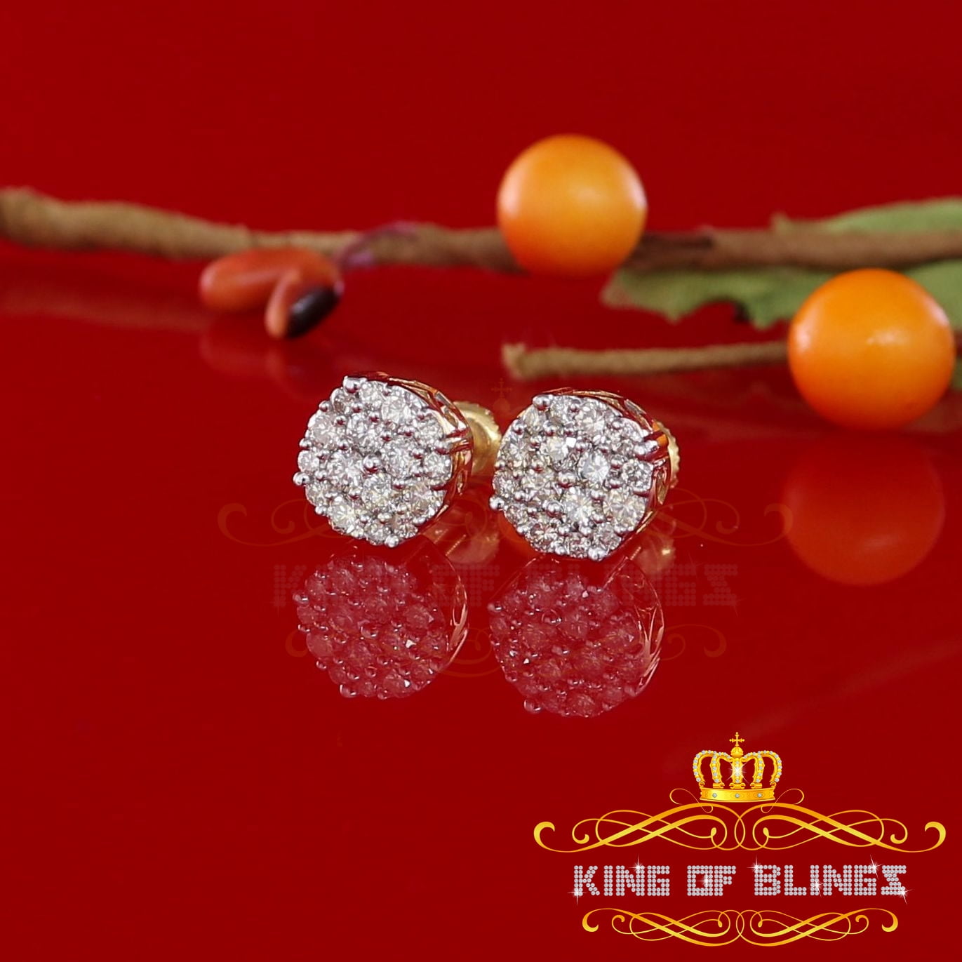 King of Bling's 10K Real Yellow Gold with 0.75CT Real Diamond Men's/Women's Stud Round Earrings