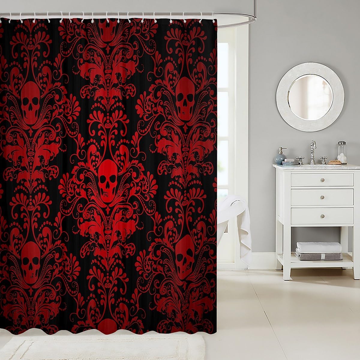 Adults Red Damask Shower Curtain Antique Victorian Baroque Bath Curtain 72" Wx84 L,Vintage Floral Exotic Sugar Skull Waterproof Bathroom Curtains,Gothic Bone Skeleton Bohemian Decor,Black