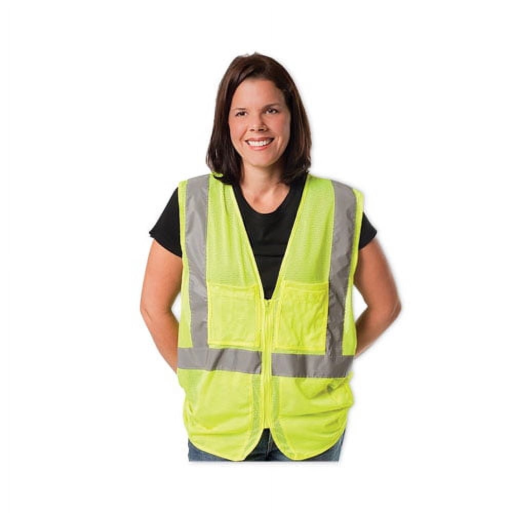 ANSI Class 2 Four Pocket Zipper Safety Vest, Polyester Mesh, 3X-Large, Hi-Viz Lime Yellow | Bundle of 10 Each