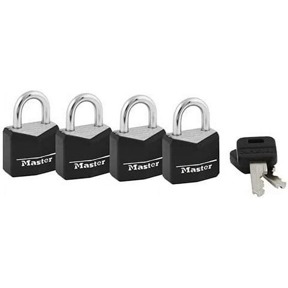 Master Lock Covered Solid Body Padlock 121Q - Keyed Alike - 4 Pack, 3/4 In, Black, 16 Pcs