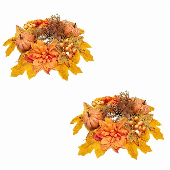 2 Pcs Fall Maple Leaf Candle Wreath Rings, 9.84in Harvest Season Tabletop Ornament for Thanksgiving Dinner Display Autumn Festive Decoration