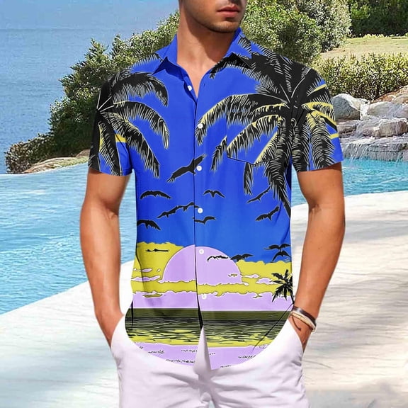 Fnnxeal Mens Hawaiian Shirt Blue Sunset Tropical Palm Tree Print Big and Tall Stretch Wrinkle Free Casual Beach Vacation Summer Polyester Spandex,Size 4XL