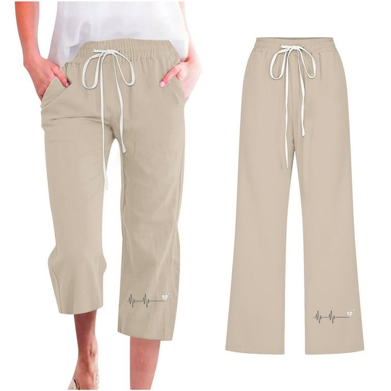 Womens Pants Cotton Linen Cropped Trousers Straight Leg Drawstring