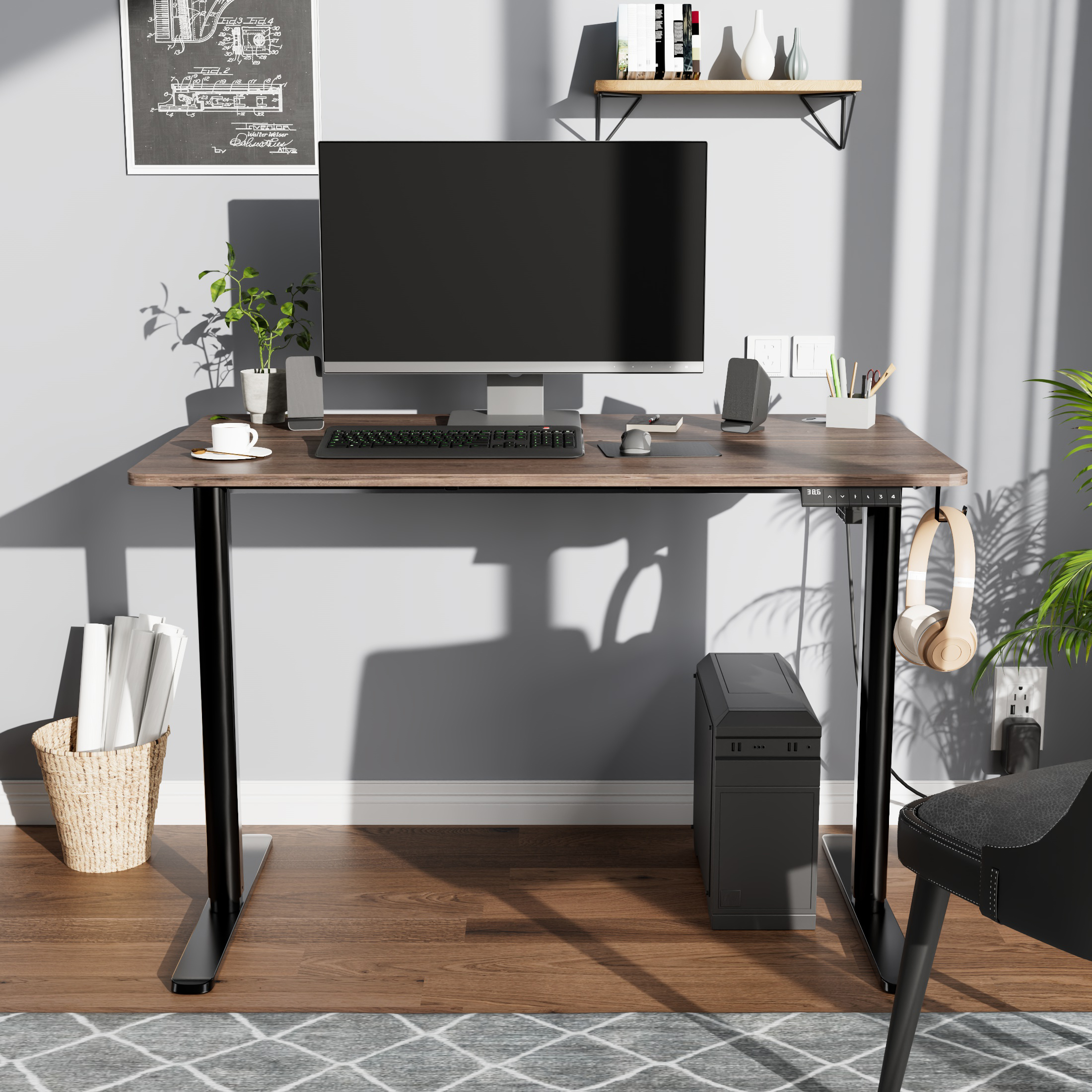 Mainstays Electric Standing Desk with Height Memory Presets, Headphone Hook and Cable Management, Canyon Walnut