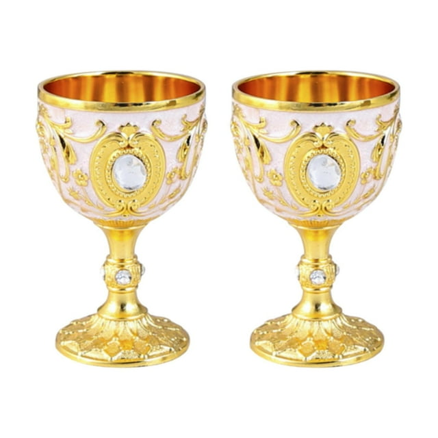 bedienty 2x Goblet Easy Clean Retro Design Embossed Wine Decorative Craft Glass Alloy gold white 4.3x7cm