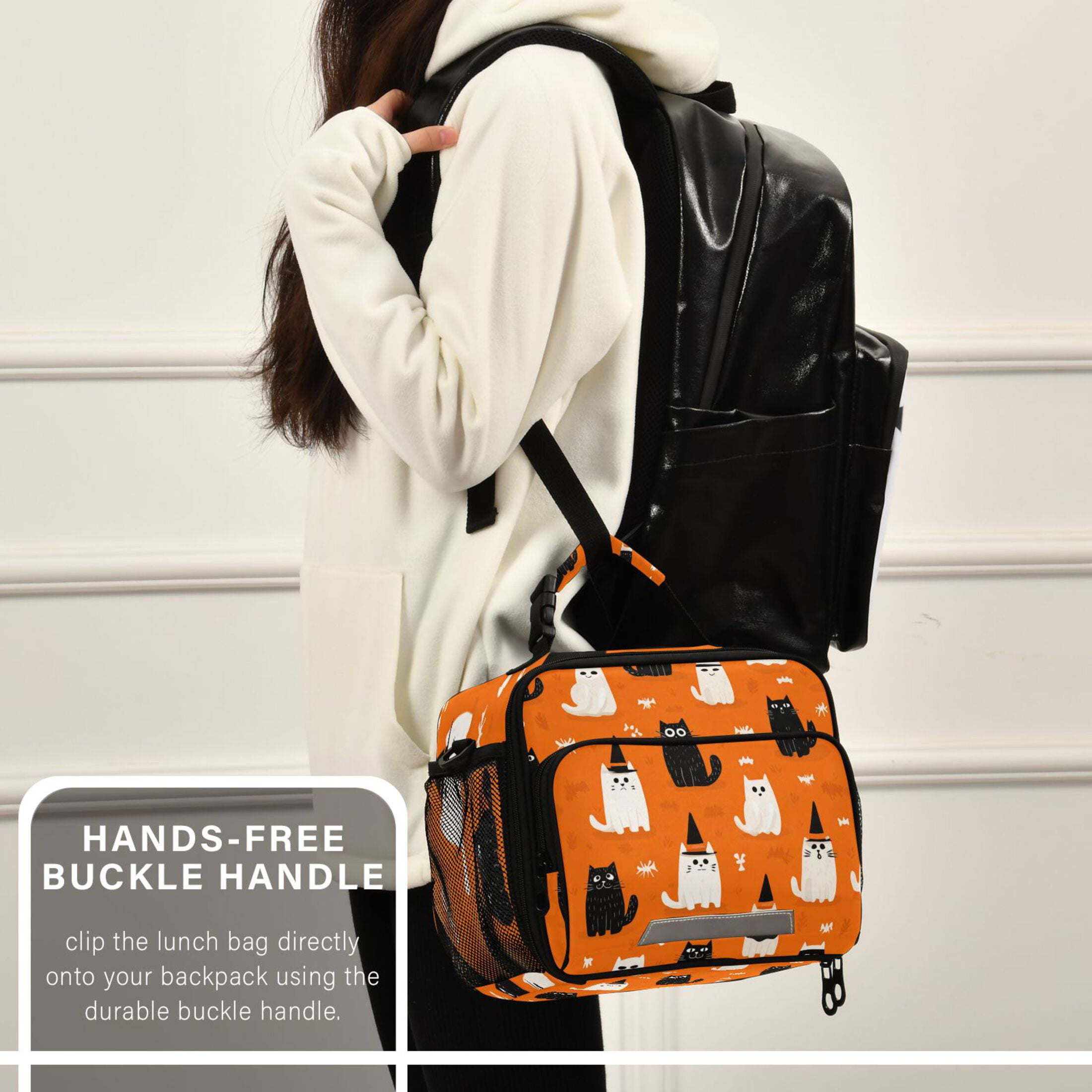Insulated Lunch Bag 6L Leak-Proof Lunch Box with Shoulder Strap Multiple Pockets Lunch Tote Black Cat and White Cat