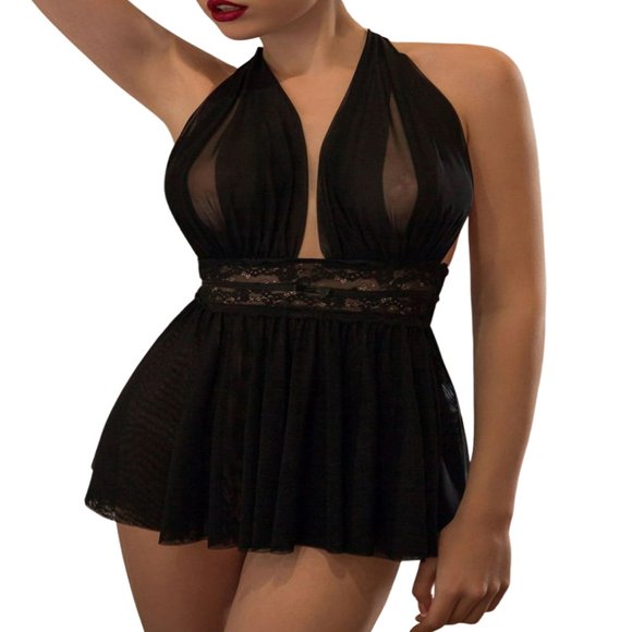 Sexy Lace Babydoll Lingerie for Women Deep V Neck Sheer Mesh Bridal Lingerie Chemise Negligee Nightgowns