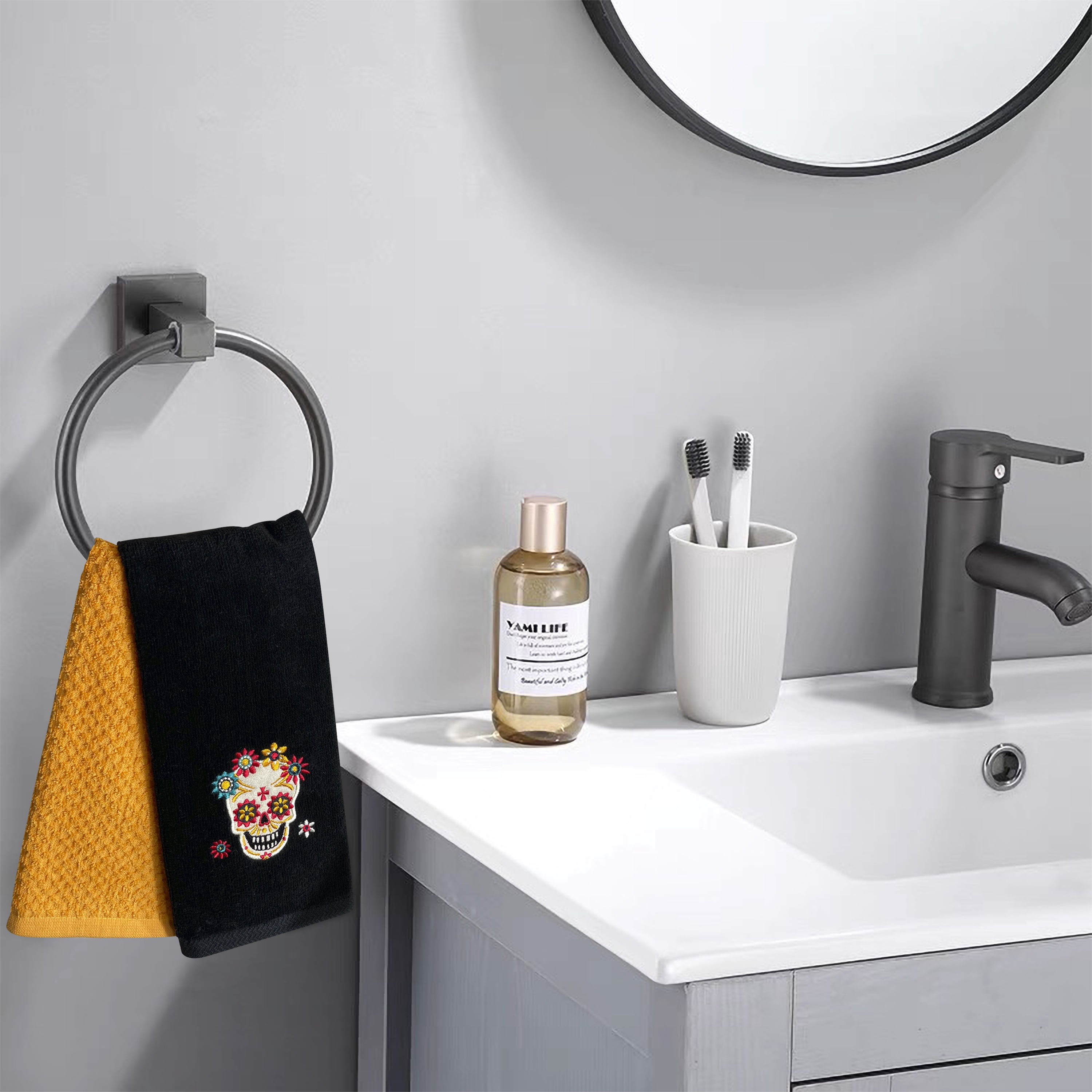 Harper Lane Halloween Embroidered Cotton Hand Towel 2-piece Set Day of the Dead Black