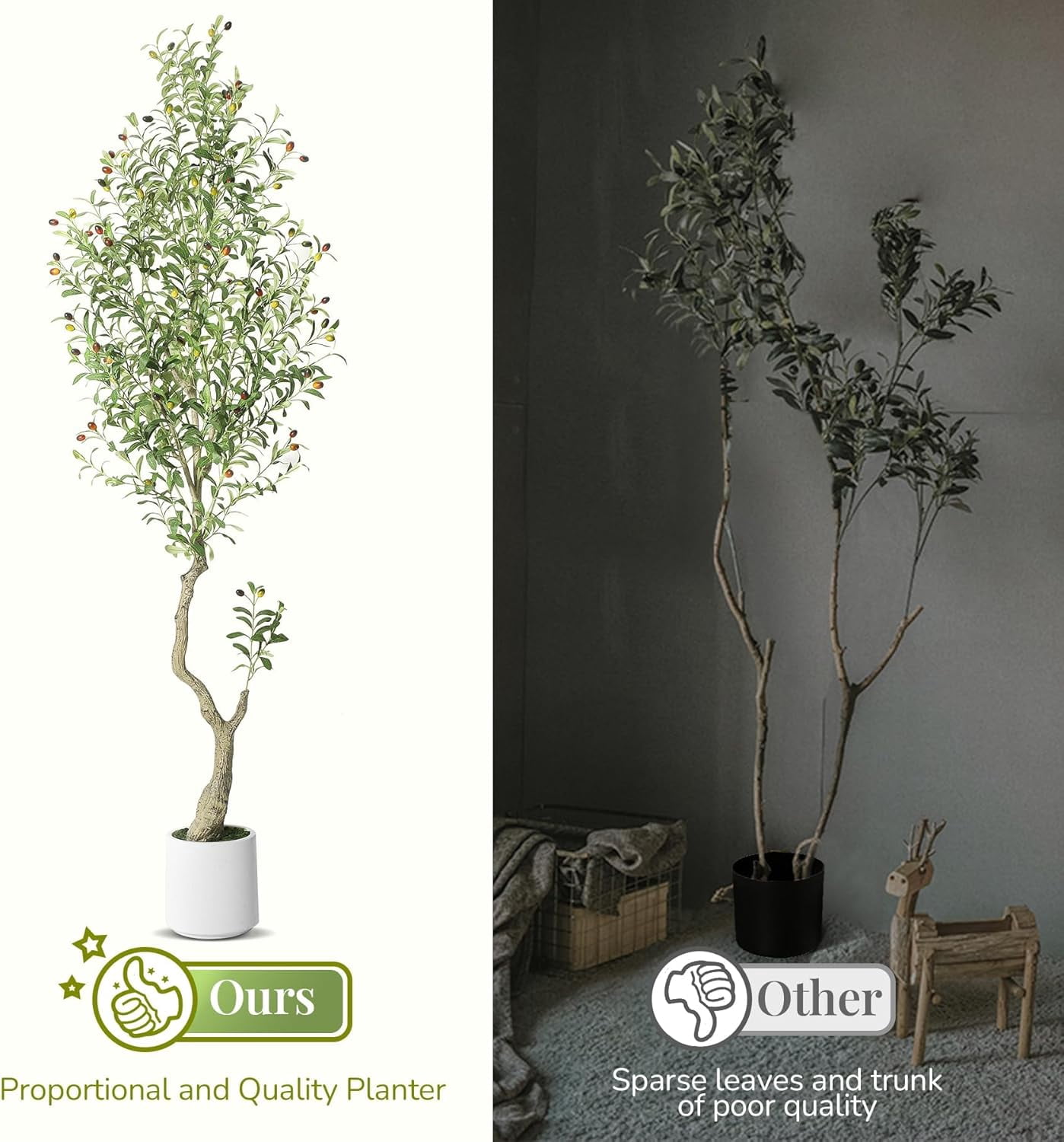 Artificial Olive Tree with Handmade Seagrass Basket Realistic Appearance with 864 Leaves and 72 Fruits, Durable Metal Structure, Easy Assembly with Tip Labels, Versatile Indoor Decor