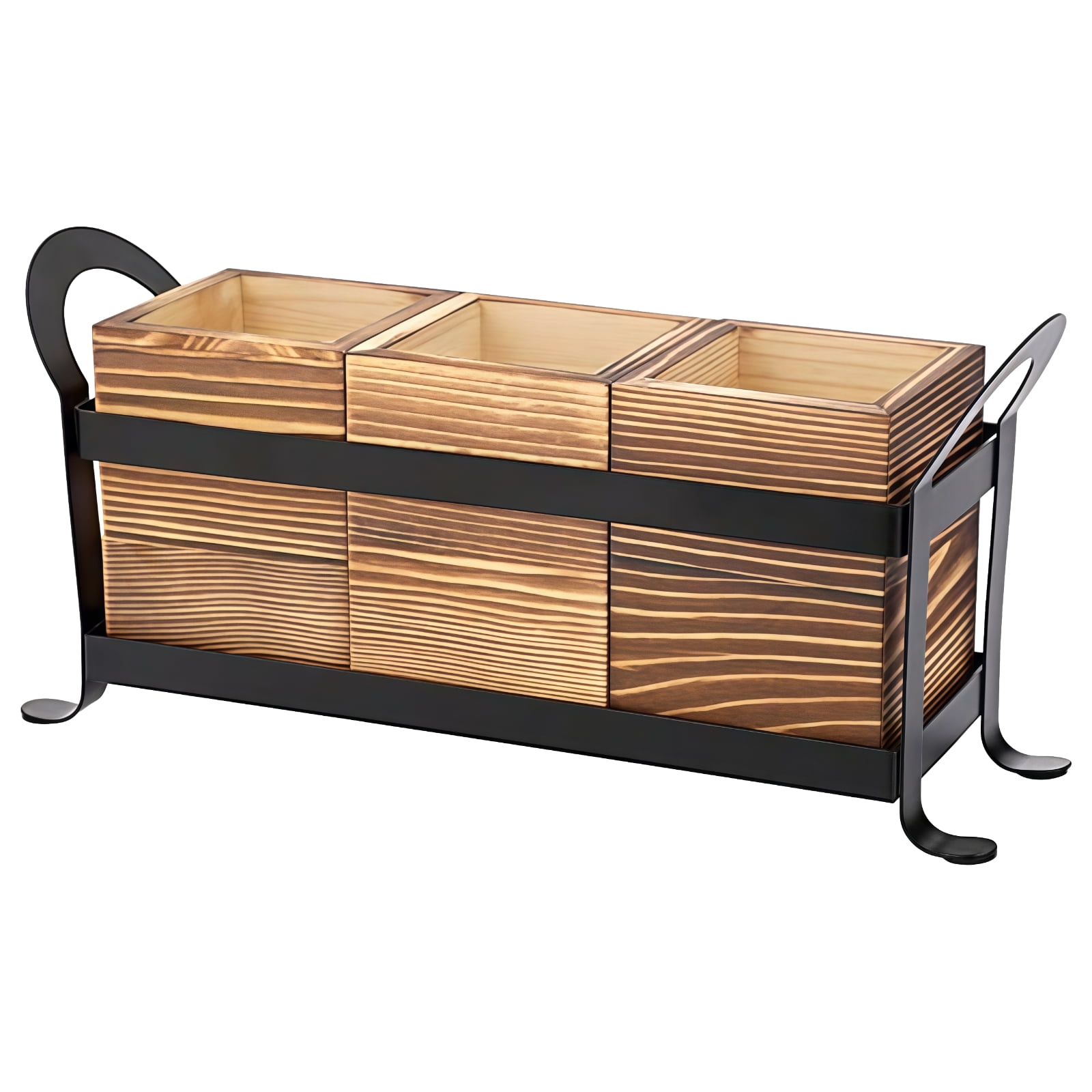 Wooden Utensil Caddy, 3-compartment Cutlery Holder, Metal Frame, Kitchen Countertop Organizer, Modern Design with Side Handles, Ideal for Kitchen and Dining Storage, 13 x 3.5 x 5.9"