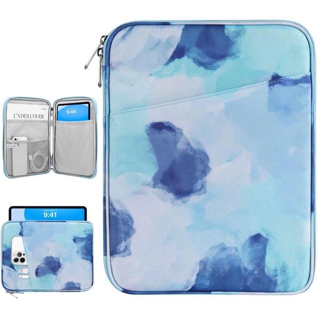 funda para tablet dadanism para ipad 11.ª generación, ipad 10.9 funda acolchada para tabletas de 9 a 11 pulgadas con estampado acuarela azul; vista frontal centrada con cierre de cremallera doble, compartimento principal acolchado para tablet, bolsillos interiores (malla y ranuras) para cables, auriculares y power bank, exterior de poliéster resistente a salpicaduras, dimensiones 31 x 24 x 2.5 cm.