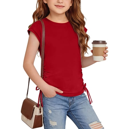 PiGOGI Toddler Girls Short Sleeve Crewneck T-Shirt Solid Color Soft Casual Top for Kids Basic Tee Red 10Years