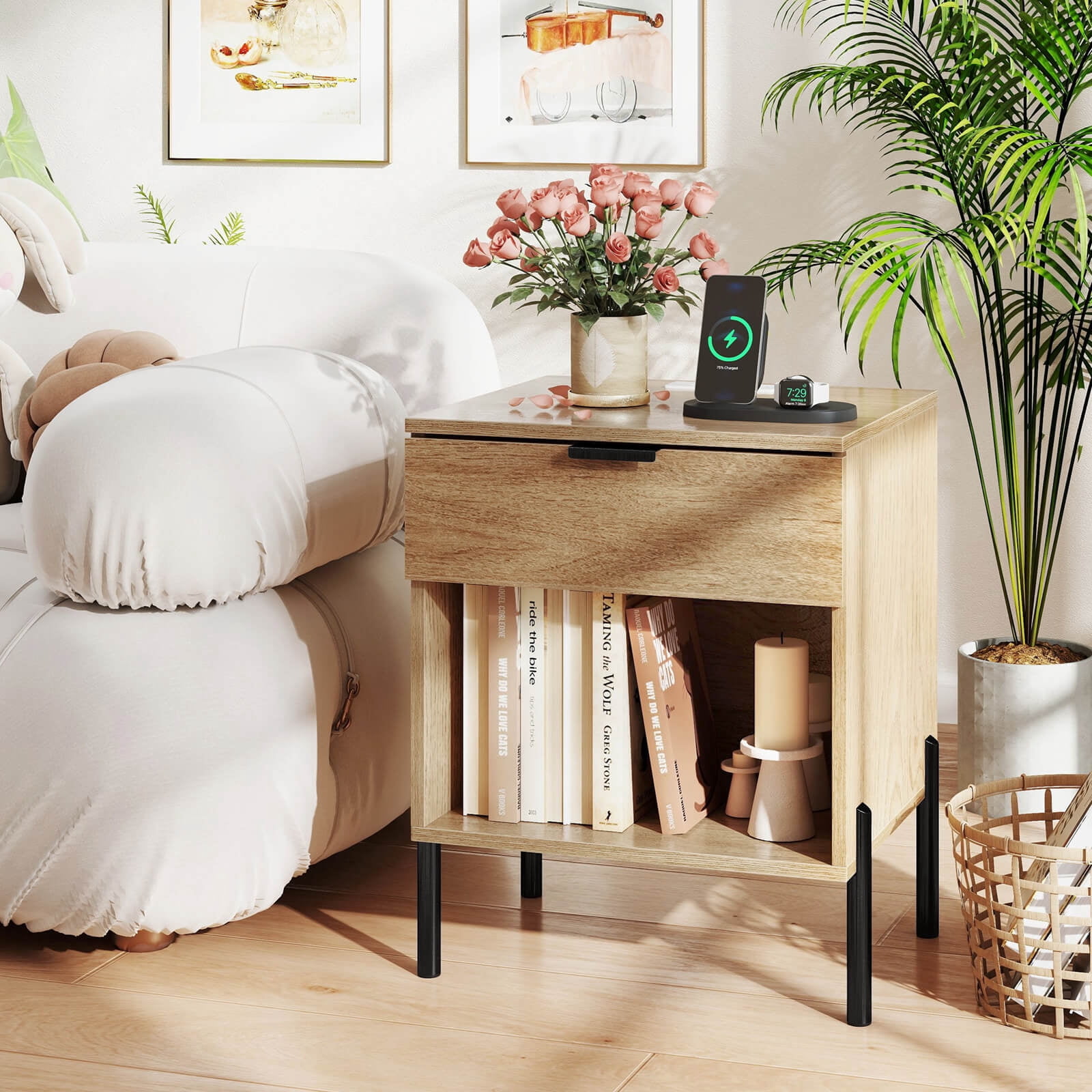 Costway 1PC Nightstand with Charging Station Drawer Compartment Modern Side End Table