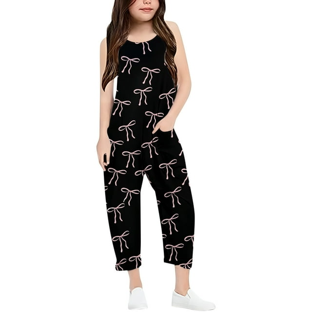 Girls Jumpsuit Bow Print Rompers for Girls Spaghetti Strap Overalls with Side Pockets Girl Clothes 5-6 Y