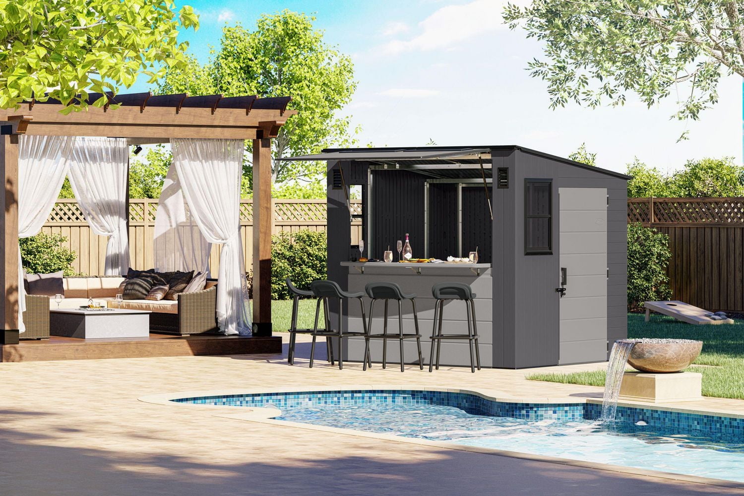 Suncast 8' x 7' Resin Cabana Entertainment Shed - Outdoor Storage & Bar Shelter 60 Sq ft (362 Cu. ft.) - Cool Gray/Dove Gray