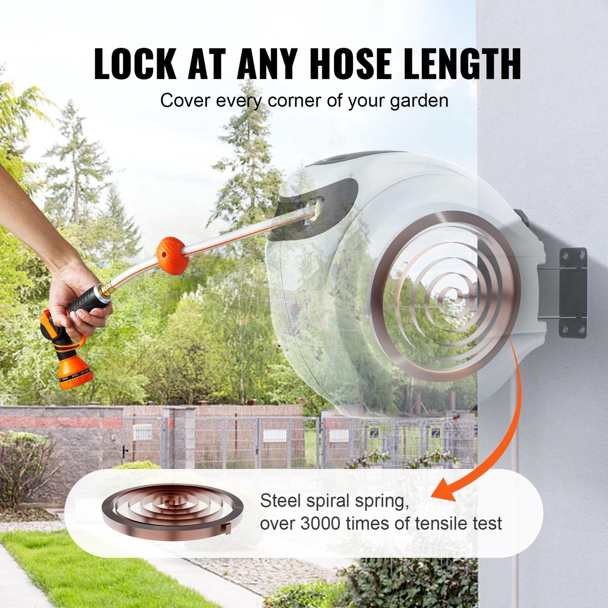 Retractable Garden Hose Reel, 100 ft x 1/2 Inch, with 9-Pattern Nozzle, Automatic Rewind, Wall Mounted