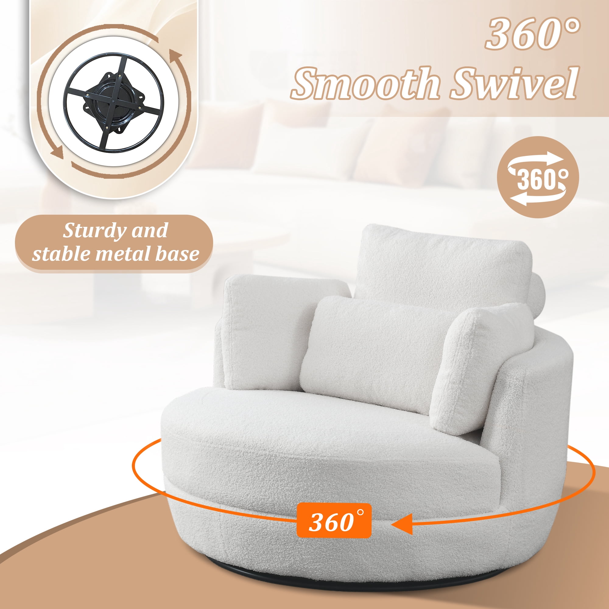 Dinosisco 39"W Oversized Swivel Accent Barrel Chair with Storage Ottoman, Ivory Teddy