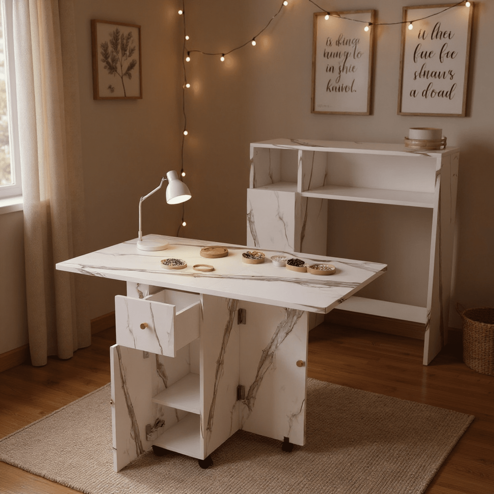 Homy Casa Entryway Console Table with Storage, Folding Design, Faux Marble Finish, White