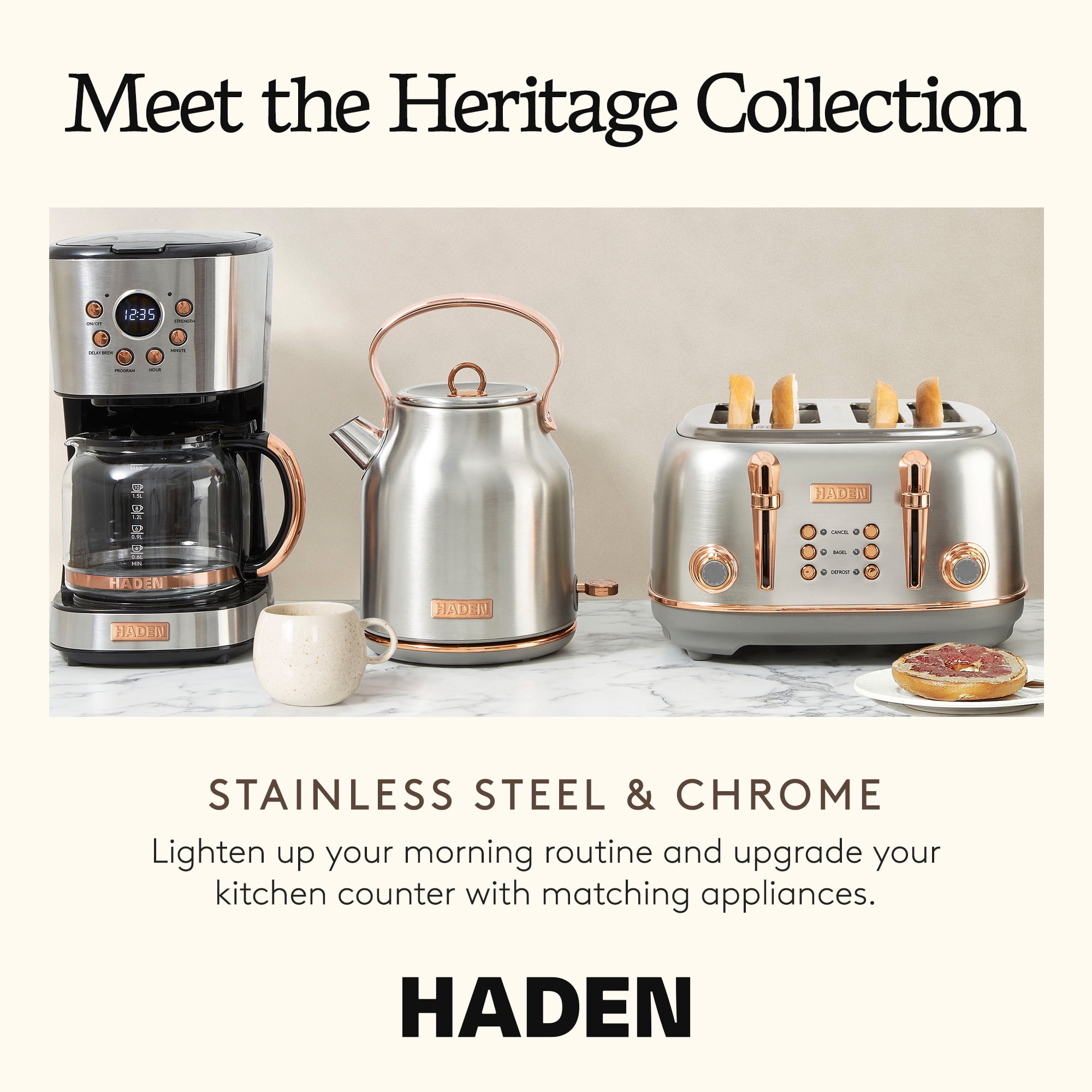 Haden Heritage 4 Slice Wide Toaster & Electric Water Kettle, Ivory & Copper