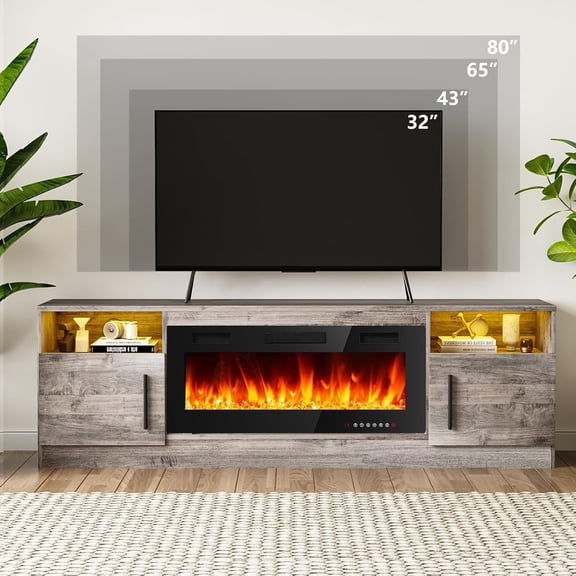 Modern 70" Grey Wooden TV Stand – LED Lighting, Storage Cabinets & Open Shelves, Fits TVs up to 75" and 36" Electric Fireplace Insert (Fireplace Not Included) – Living Room Entertainment Center
