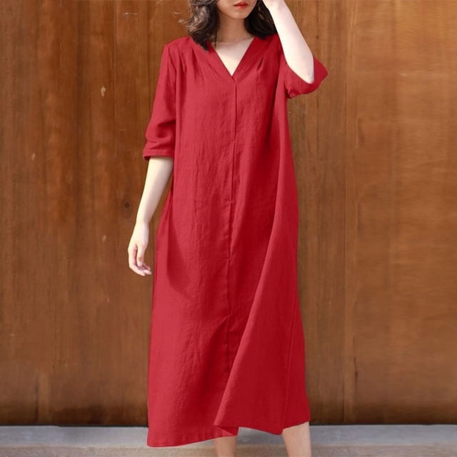 Robes pour Femmes 2024 Été Robe Décontractée Oversize Col en V Manches 3/4 Couleur Unie Coton Ample 50 % de Réduction!