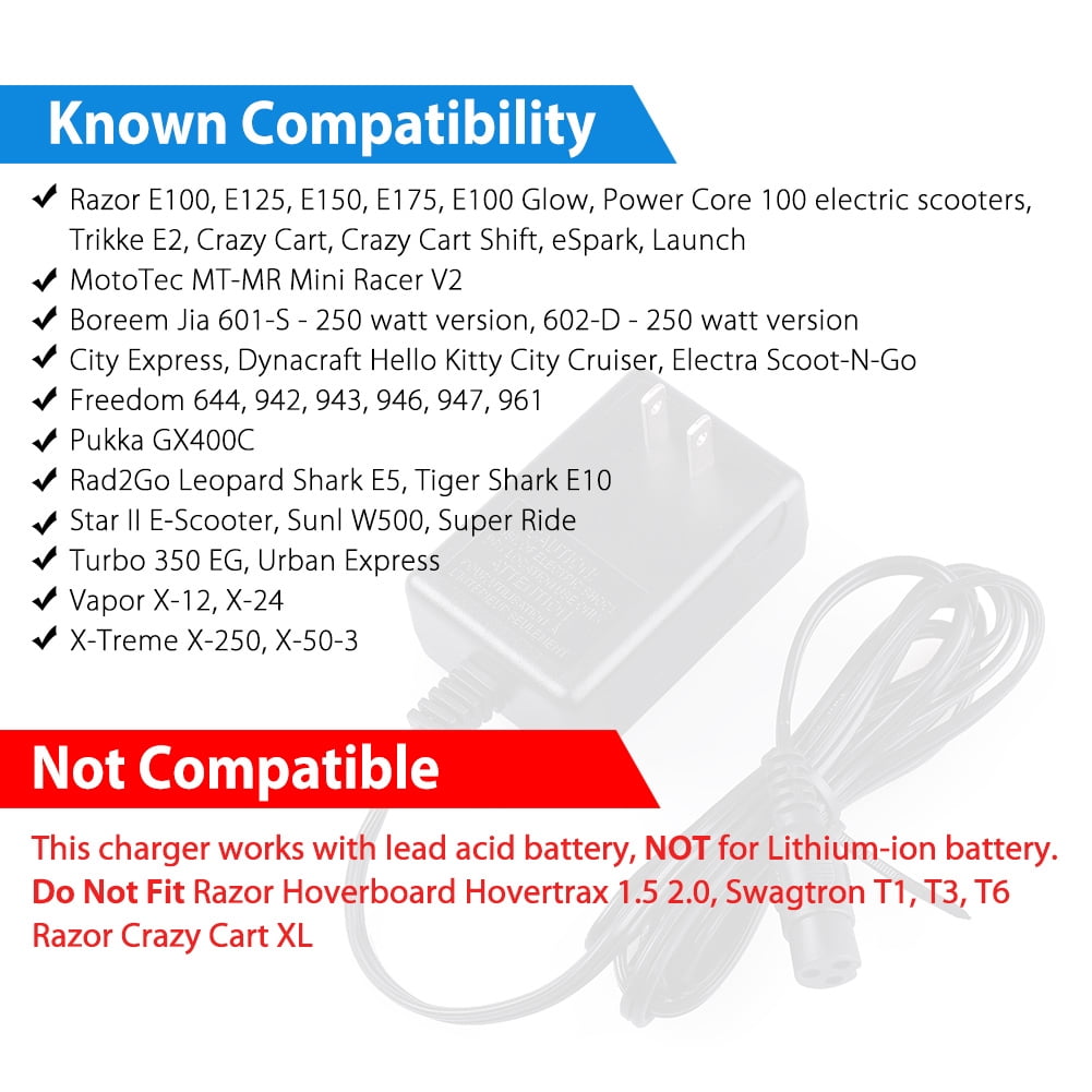 LotFancy 24V 0.6A Scooter Battery Charger for Razor E100, E125, E150,E200, E225, E300