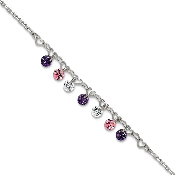 1.2mm 925 Sterling Silver Polished Multicolor CZ and Love Hearts Plus 1in Extension Anklet 9 Inch Anklet for Women