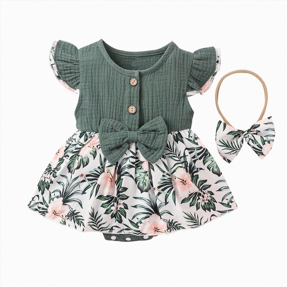 WUANDIXFA Preemie Newborn Baby Girl Clothes Infant Cotton Romper Ruffle Sleeve Jumpsuit Spring Summer Outfits for Girls,Green,9-12 Months