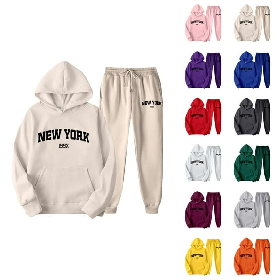 New York Hoodie and Sweatpants Set Long Sleeve Hooded Sweatshirt with Pockets Elastic Waist Pants Tracksuit for Women