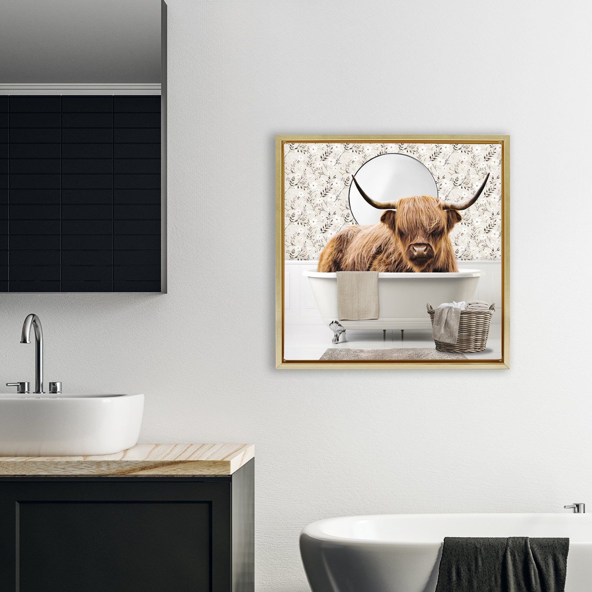Stupell Industries Cottage Cattle Bath Time Gold Framed Floater Canvas Wall Art, design by CAD Designs