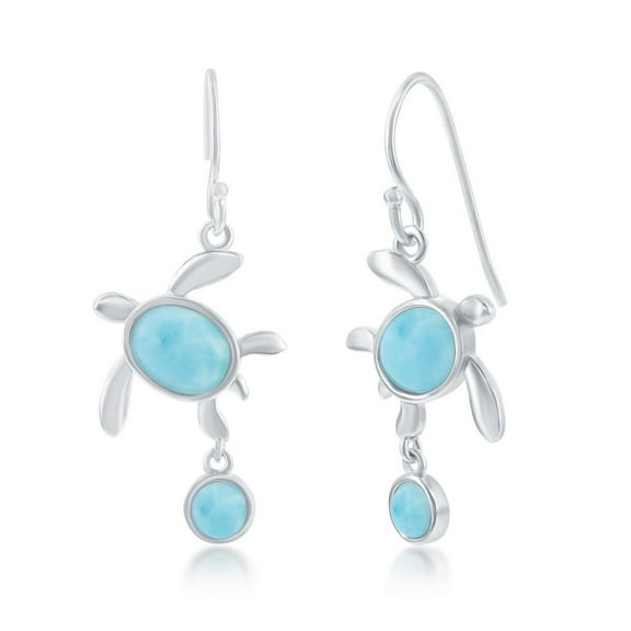 Nautical Turtle with Round Drop Caribbean Natural Larimar Gemstone Sterling Silver Dangling Earrings Jewelry for Women or Teens