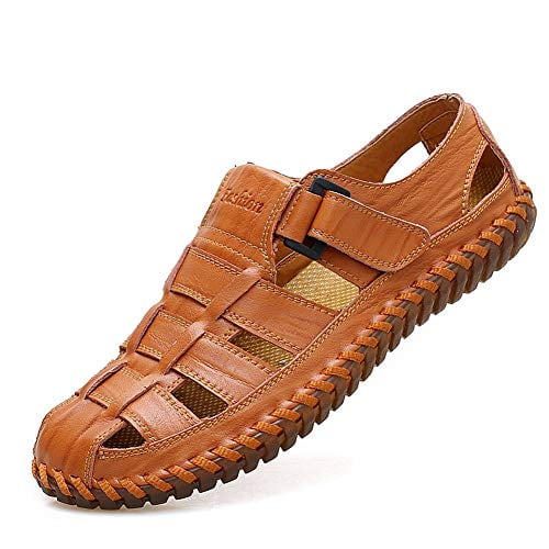 Qiucdzi Sandales de Sport pour Hommes Respirantes Chaussures de Pêcheur d'Extérieur Ajustables à Bout Fermé Mocassins d'Été en Cuir (10M US, Brun Foncé)