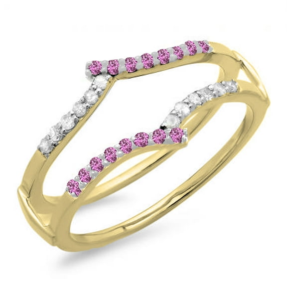 Dazzlingrock Collection 14K Round Pink Sapphire & White Diamond Ladies Anniversary Band Guard Double Ring, Yellow Gold, Size 9.5
