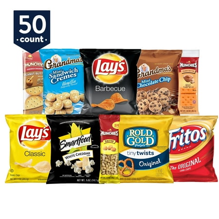 (Pallet of 40)Frito-Lay Sweet & Salty Snacks Variety Box, Mix of Cookies, Crackers, Chips & Nuts, 50 Count( Use by 11/07/2023)