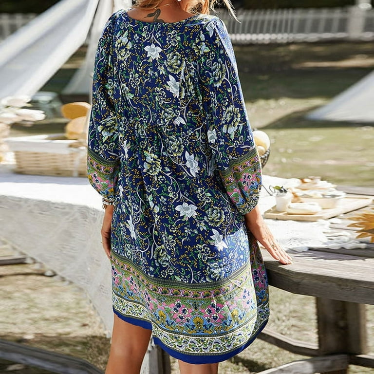 zanzea boho dress ZANZEA Womens Dresses 3/4 Sleeve V-Neck Printing Above Knee Length Dress