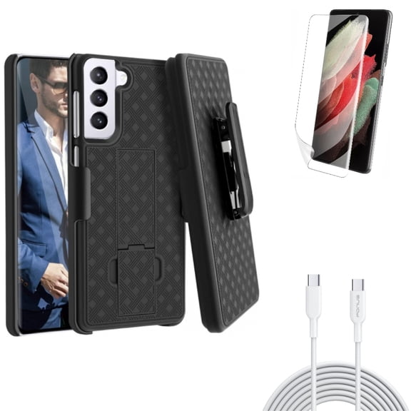 Matte Screen Protector w 6ft Long Type-C Cable w Case Belt Clip for Samsung Galaxy S21 Plus - TPU Film Anti-Glare, PD Fast Charger Cord Power, Holster Swivel Accessory Bundle